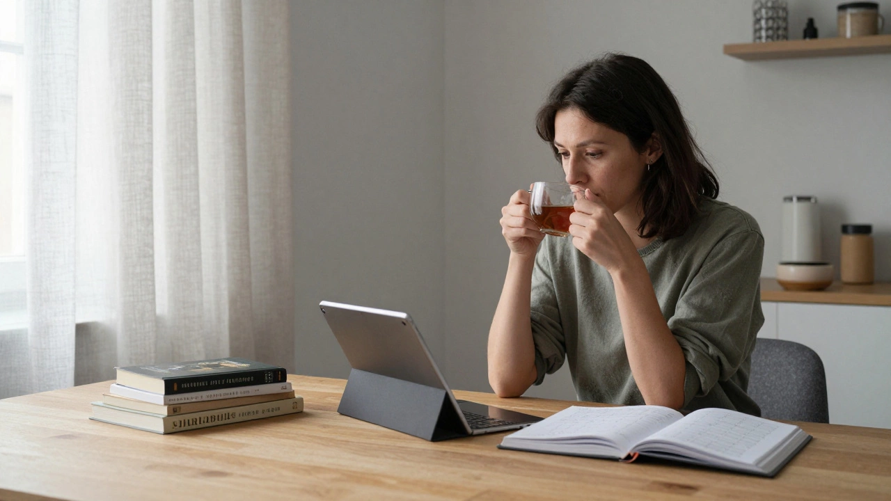 A woman in Le Marais reviews her schedule at a wooden table with books and tea, bathed in morning light.