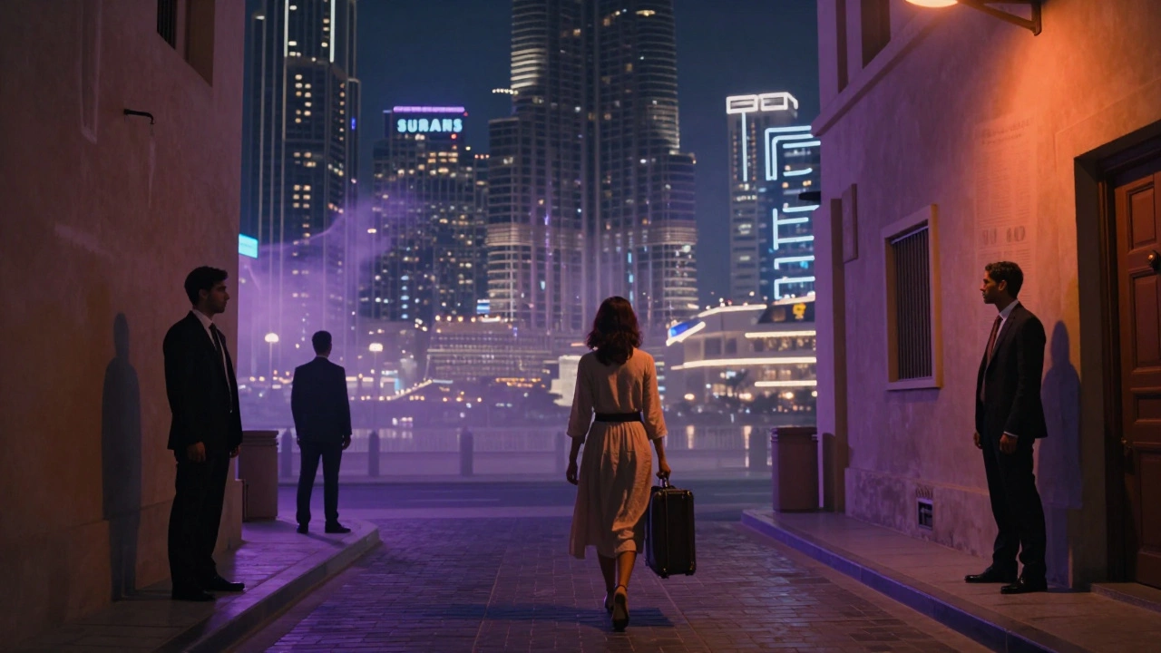 A woman walking alone at night in Dubai, surrounded by neon lights and distant observers, with faint echoes of historical headlines in the mist.