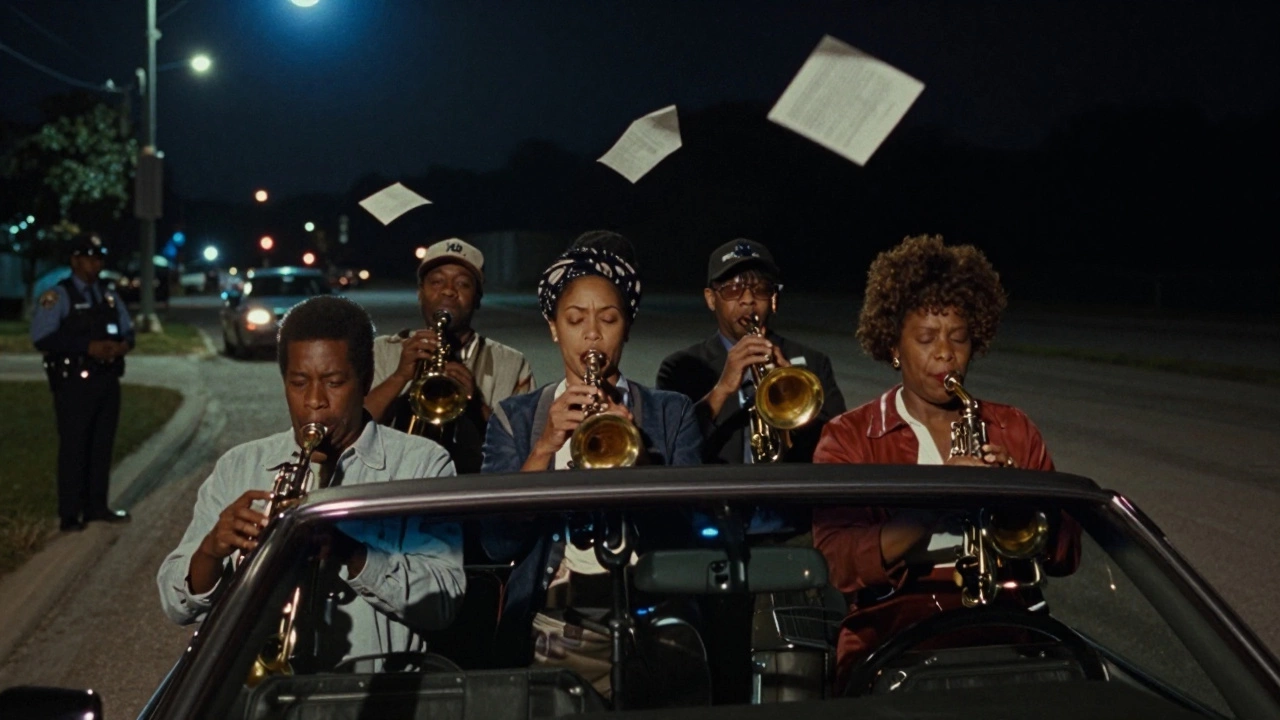 Black jazz musicians and female performers loading a touring car at night, with police and FBI files looming in the shadows.