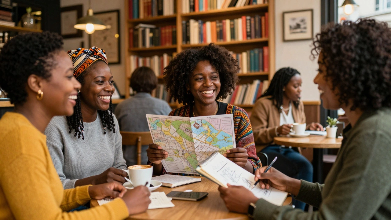 Three women from different backgrounds laugh together in a Parisian bookshop café over coffee.